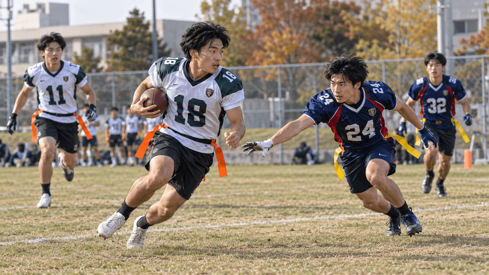 AI-generated image of fictional flag football players on a Japanese community sports field