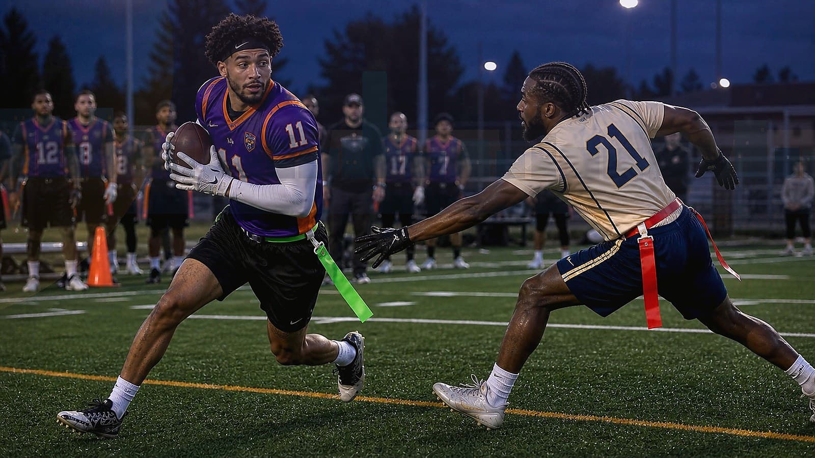 ナイロビをイメージしたスカイラインの前でプレーするフラッグフットボール選手