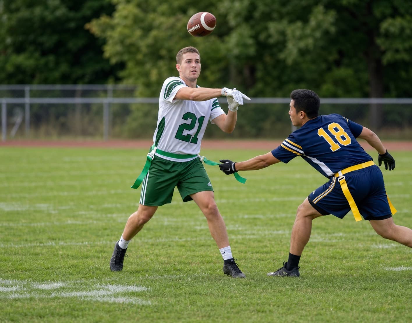 Flag football quarterback releasing a pass as a defender reaches for the flag
