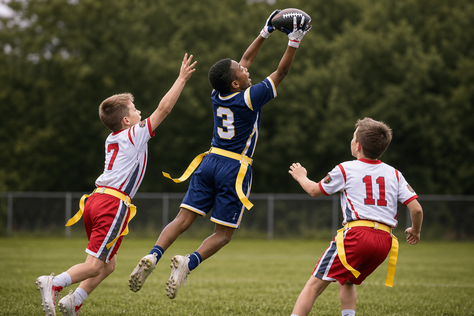 Youth flag football receiver jumping for a catch