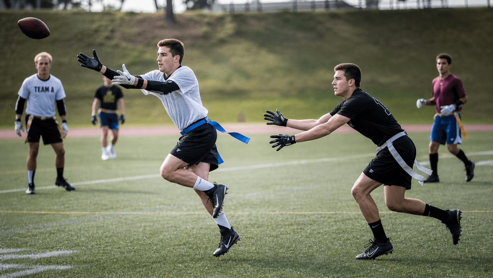 Flag football receiver tracking a pass before the catch